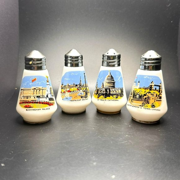 Vintage London-Themed Ceramic Salt & Pepper Shakers Set Of 4 With Chrome Tops - Picture 1 of 4